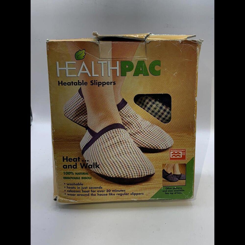 HEALTHPAC HEATABLE SLIPPERS Heat And Walk Hot Pack-Blue Check M 7.5-9 W 9.5-11